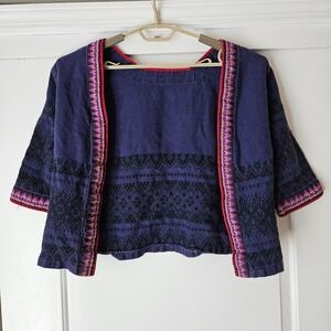 Hmong Embroidered Open Front Cropped Jacket Womens S/M Blue Purple Traditional